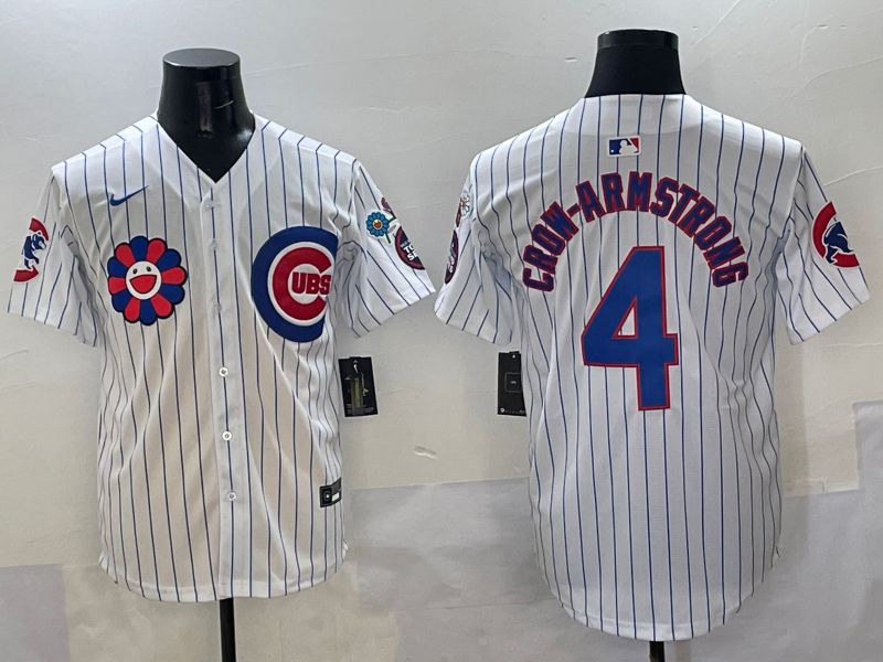 Men Chicago Cubs 4 Crow-Armstrong White Stripe Flower Edition 2025 Nike MLB Jersey style 1